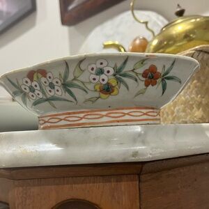 Antique Chinese Floral Porcelain Dish with Orange Accents